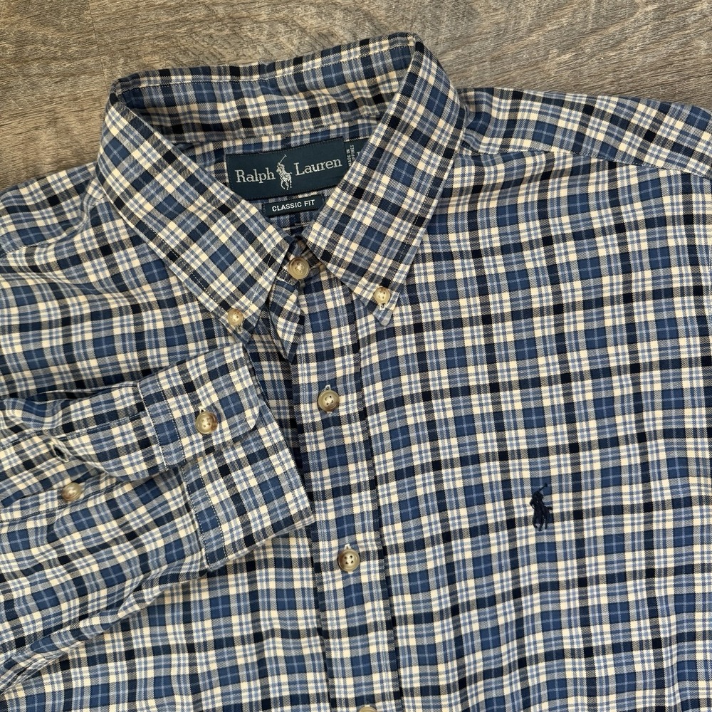 Ralph Lauren Classic Fit Men's Large Blue White Check Plaid Dress Shirt Preppy